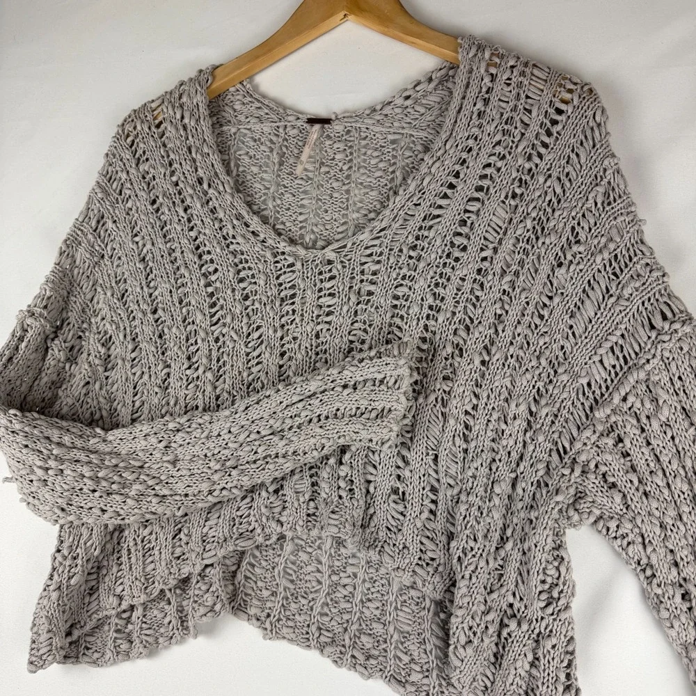 Free People Womens Chunky Knit Cropped Gray Sweater Pullover Boho Cozy XS